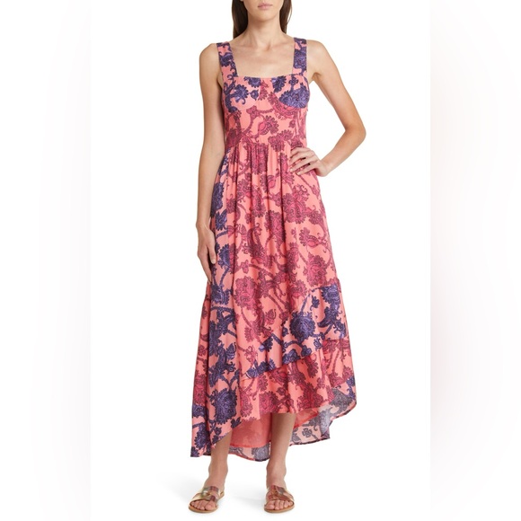 DU PARADIS Dresses & Skirts - DU PARADIS Colorblock Asymmetric Hem Midi Sundress in Pink Coral